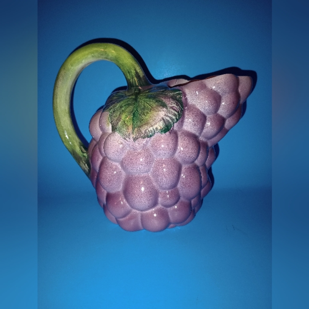 Majolica Portugal Grape Bassano Ceramic Pitcher Hand Painted Art Pottery Vintage